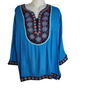 ANJLI Women's Top Size 34 Blue Black Pink Embroidered 3/4 Sleeve Blouse V Neck